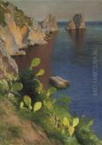 Cacty Along A Colourful Coastline, Capri Oil Painting by Paul von Spaun