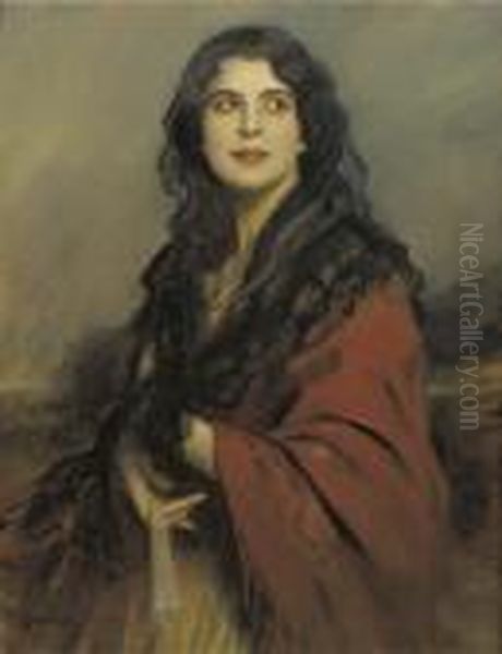 Spanish Beauty In Red Oil Painting by Boleslaw Von Szankowski