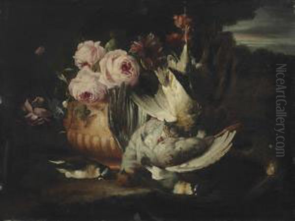 Flowers In A Terracotta Vase With Dead Game Oil Painting by Frans Werner Von Tamm