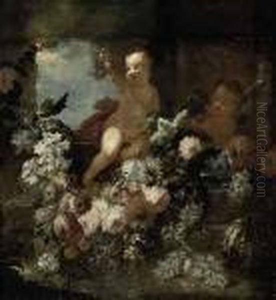 Putti Disporting Beside A Fountain With Flowers Oil Painting by Frans Werner Von Tamm