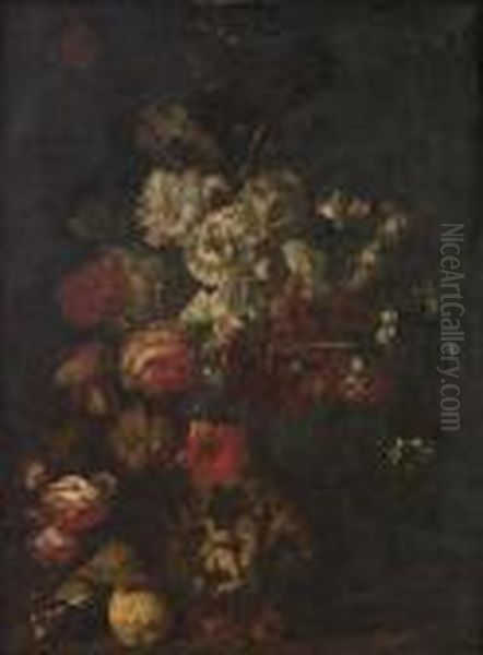 Roses, Carnations, Peonies And 
Other Flowersin An Antique Urn, On A Table Top, With A Lemon And Prunes Oil Painting by Frans Werner Von Tamm