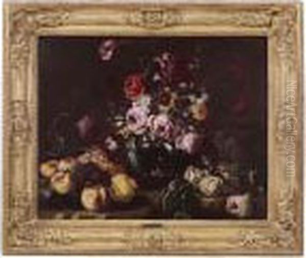 Natura Morta Con Fiori In Un Vaso E Frutta Su Un Basamento Oil Painting by Frans Werner Von Tamm