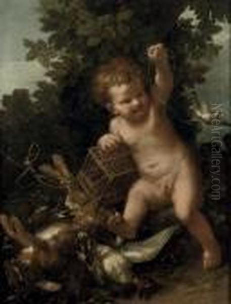 A Putto Playing With A Bird, With Game Nearby Oil Painting by Frans Werner Von Tamm