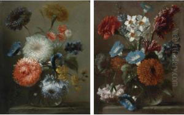 Still Lifes Of Carnations And Other Flowers In Glass Vases Oil Painting by Frans Werner Von Tamm