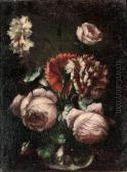 Roses, Carnations And Convolvulus In A Glass Vase Oil Painting by Frans Werner Von Tamm