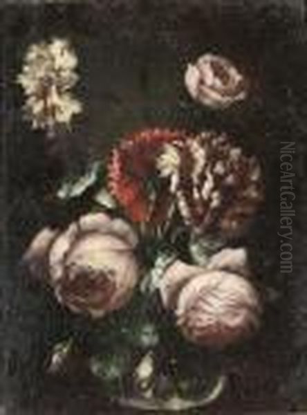 Roses, Carnations And Morning Glory In A Glass Vase Oil Painting by Frans Werner Von Tamm