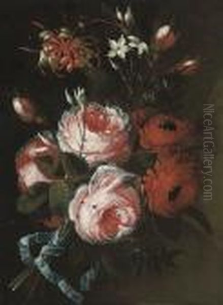 A Bouquet Of Roses, Chrysanthemums, Honeysuckle, And Jasmine Oil Painting by Frans Werner Von Tamm