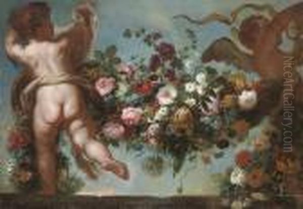 Putti Raising A Festoon Of Flowers Oil Painting by Frans Werner Von Tamm