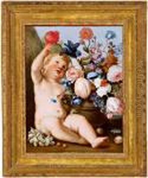 Cerchia Natura Morta Floreale Con Putto Oil Painting by Frans Werner Von Tamm