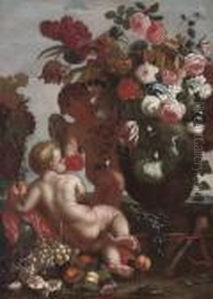 Roses, Chrysanthemums, 
Convolvulus And Other Flowers In An Urn, Peaches, Figs, Grapes And Other
 Fruit, With Putti Oil Painting by Frans Werner Von Tamm