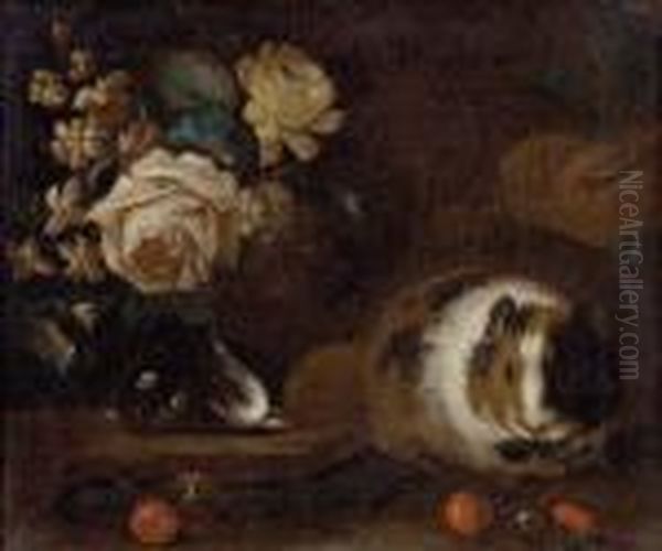 Stillleben Mit Blumen In Vase, Meerschweinchen Und Obst Oil Painting by Frans Werner Von Tamm