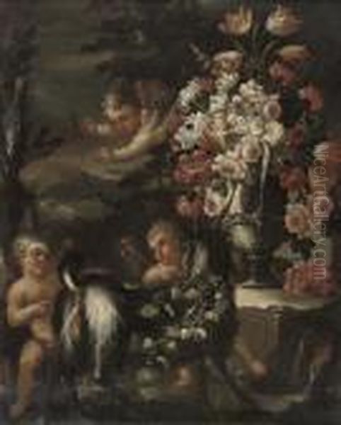 Putti Disporting With A Goat, By
 An Urn Of Chrysanthemums, Roses, Parrot Tulips And Other Flowers, In A 
Landscape Oil Painting by Frans Werner Von Tamm