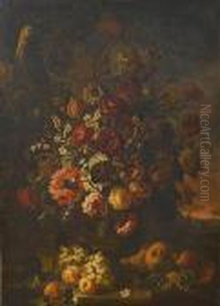 Tulips, Carnations, Morning 
Glory, Chrysanthemums And Other Flowers In A Bronze Urn On A Stone Ledge
 With A Basket Of Grapes, Peaches And A Melon With A Parrot And A Rabbit
 Nearby; Roses, Tulips, Chrysanthemums, Jasmine And Other Flowers In A 
Bron Oil Painting by Frans Werner Von Tamm