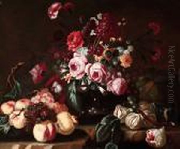 Fiori In Vaso Con Frutta Su Basamento In Pietra Oil Painting by Frans Werner Von Tamm