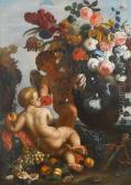 Putti With Flowers And Fruit 
Beside An Urn With Carnations, Asters, Morning Glory, Roses And Other 
Flowers, With Grapes, Figs, Plums And A Quiver Oil Painting by Frans Werner Von Tamm