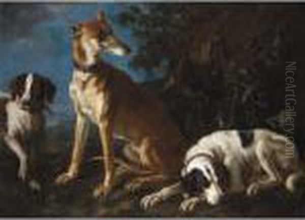 A Greyhound And Two Spaniels In A Landscape Oil Painting by Frans Werner Von Tamm