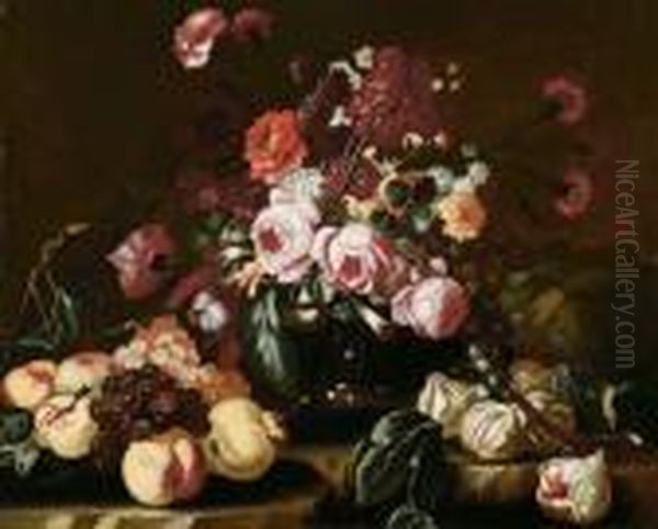 Fiori In Vaso E Frutta Su Basamento In Pietra Oil Painting by Frans Werner Von Tamm