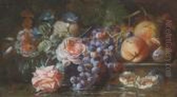 Grapes On The Vine, Figs, 
Peaches, Roses And Morning Glory Resting On A Stone Ledge Before A Pool 
Of Water Oil Painting by Frans Werner Von Tamm