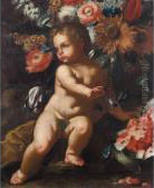 Still Life With A Putto Beside A
 Watermelon, Beneath A Sunflower, Convolvulus, Tulips And Other Flowers Oil Painting by Frans Werner Von Tamm