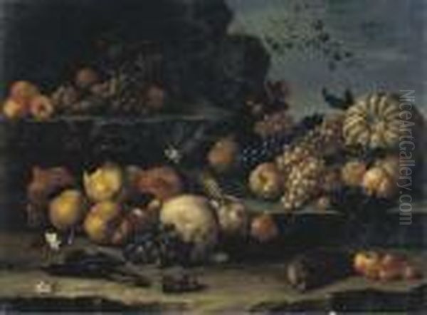 Mele Cotogne, Uve Bianche E Nere, Melograni, Una Zucca, Un Coniglio En Plein Air Oil Painting by Frans Werner Von Tamm