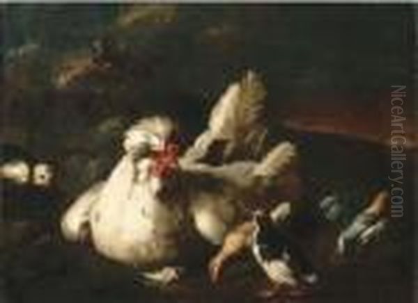 A Hen And Chicks In A Landscape Oil Painting by Frans Werner Von Tamm