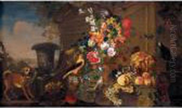 Still Life With An African Grey 
Parrot, A Chaffinch And Another Bird, Together With Flowers In A Bronze 
Urn And Grapes, Apples, A Melon And Other Fruit Together In A Landscape Oil Painting by Frans Werner Von Tamm