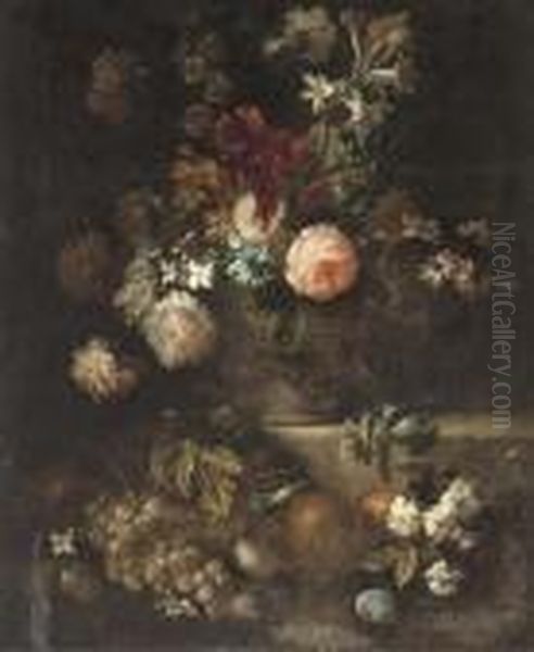 Roses, Narcissi, Morning Glory 
And Other Flowers In A Vase On Aledge With Grapes, Plums And Oranges 
Beneath Oil Painting by Frans Werner Von Tamm