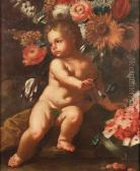 A Putto Beside A Watermelon, 
Beneath A Sunflower, Convolvulus, Tulips And Other Flowers, A Fragment Oil Painting by Frans Werner Von Tamm