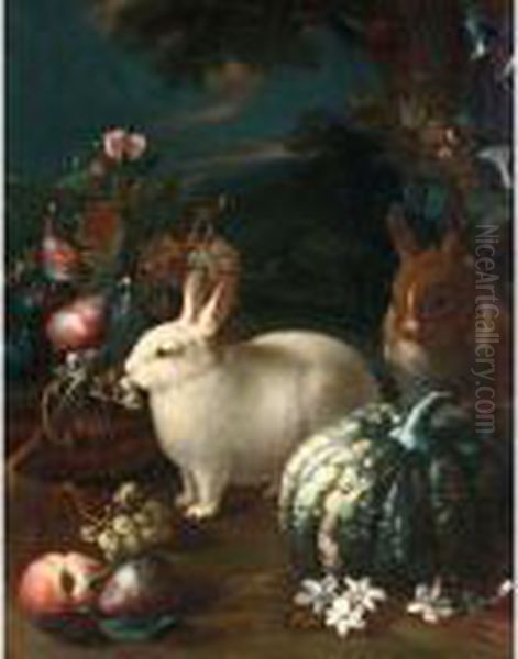 A Still Life With Two Rabbits Oil Painting by Frans Werner Von Tamm