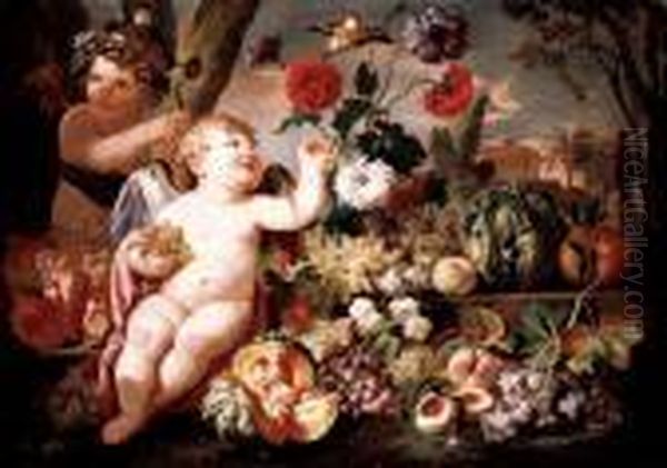 Two Putti Oil Painting by Frans Werner Von Tamm