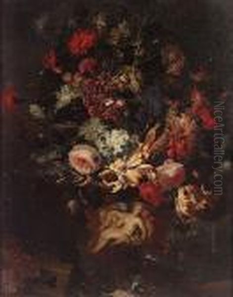 Peonies, Chrysanthemums, Roses, 
Narcissi And Other Flowers In A Sculpted Urn With Morning Glory And 
Grapes On A Ledge Oil Painting by Frans Werner Von Tamm