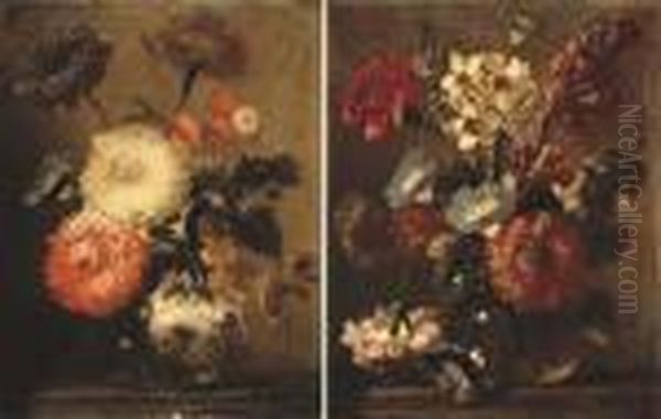 Mixed Flowers In A Glass Vase On
 A Stone Ledge; And Mixed Flowers In A Glass Vase On A Stone Ledge Oil Painting by Frans Werner Von Tamm