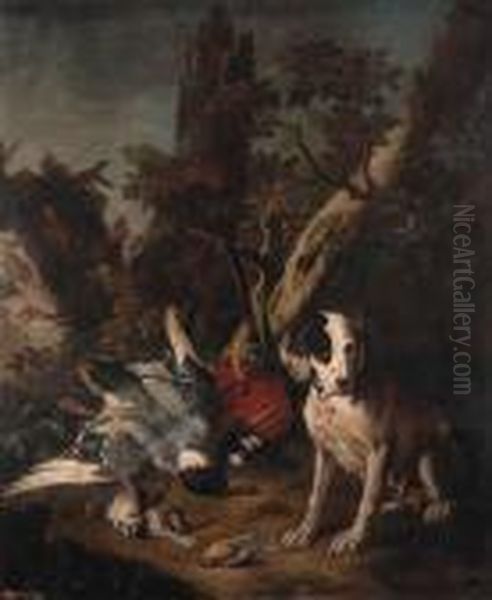 A Pointer, A Mallard, A 
Woodpecker, And Other Dead Game With A Hunting Bag In A Wooded Landscape Oil Painting by Frans Werner Von Tamm