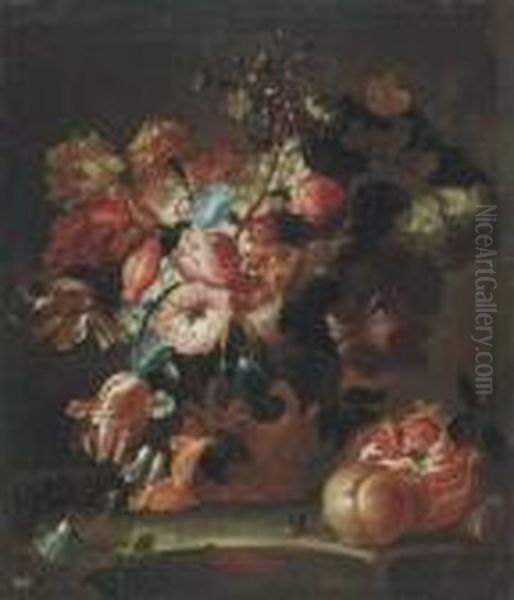 Flowers In Sculpted Urns With Fruit On Stone Ledges Oil Painting by Frans Werner Von Tamm