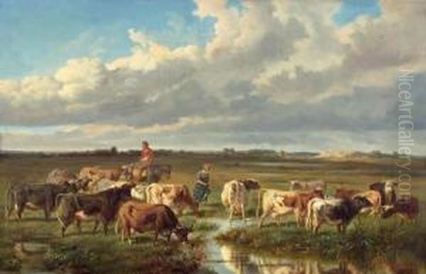 Cows With Herdsmen At The Watering Hole. Oil Painting by Otto Karl Kasimir Von Thoren