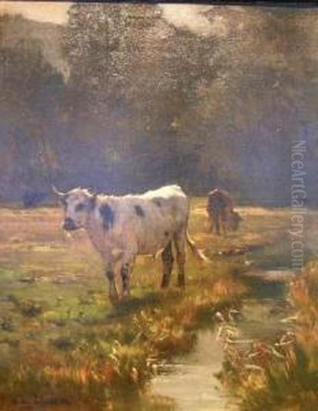 Cows By A Stream Oil Painting by Otto Karl Kasimir Von Thoren