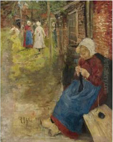 Strickendes Madchen (girl Knitting) Oil Painting by Fritz von Uhde