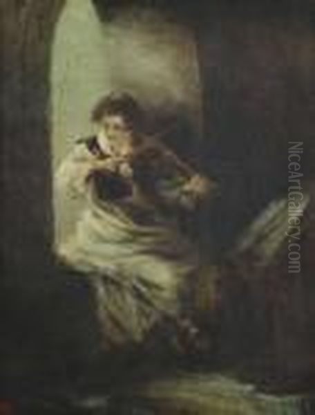 A Fiddling Monk. 
Oil/canvas/cardboard, Monogrammed, Verso On The Cardboard Two Old 
Attributions To Uhde In Handwriting By Marie-luise Von Criegern And 
Franz Furstmann Oil Painting by Fritz von Uhde