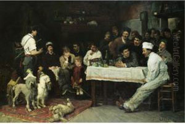 Les Chiens Savants (the Performing Dogs) Oil Painting by Fritz von Uhde