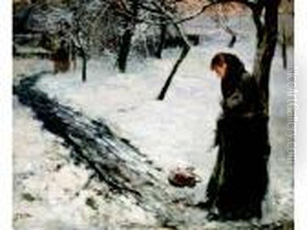 Two Figures On A Snowy Path In The Evening Oil Painting by Fritz von Uhde