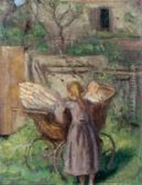 Ein Madchen Mit Kinderwagen Im Garten. Oil Painting by Fritz von Uhde