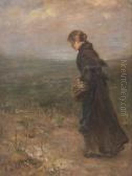 Junge Bauerin Auf Dem Weg In
 Hugeligem Gelande. Oil Painting by Fritz von Uhde