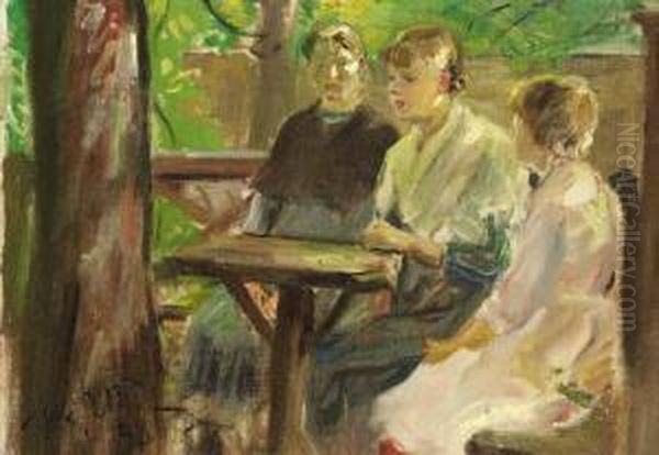 Die Tochter Des Kunstlers Im Garten: The Daughters Of The Artist In The Garden Oil Painting by Fritz von Uhde