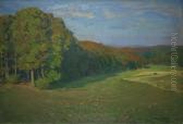 Hugelige Landschaft Mit Rehen Am Waldrand. Oil Painting by Hans Richard Von Volkmann