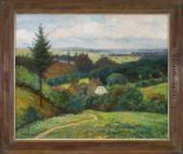 Weite Frankische Landschaft Mit Einem Gehoft Im Vordergrund Oil Painting by Hans Richard Von Volkmann