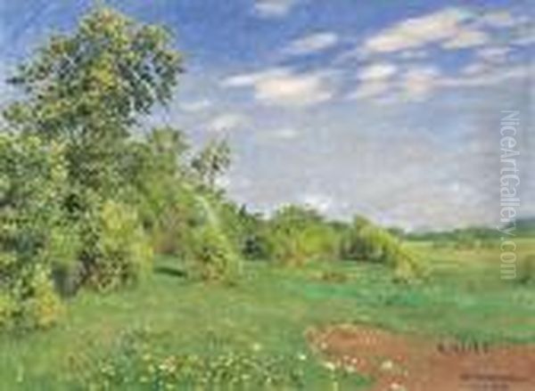 Blick In Weite Fruhlingslandschaft Mit Grunenden Buschen Und Bluhender Wiese Oil Painting by Hans Richard Von Volkmann