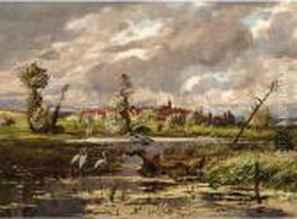 Herons At The Waterside, A Town Beyond Oil Painting by Hans Richard Von Volkmann