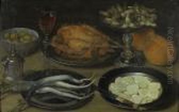 Nature Morte Aux Victuailles Et Pieces D'orfevrerie. Oil Painting by Gottfried, Gotthardt Von Wedig