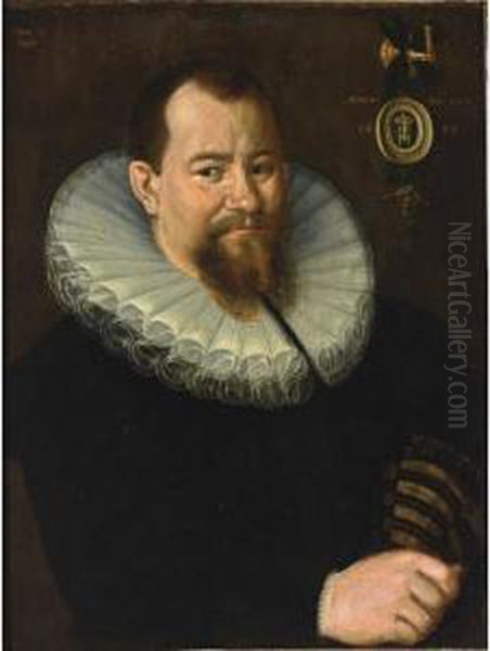 A Portrait Of A Bearded 
Gentleman, Aged 43, Bust Length, Wearing A Black Suit With White Lace 
Collar, Holding Gloves In His Right Hand Oil Painting by Gottfried, Gotthardt Von Wedig