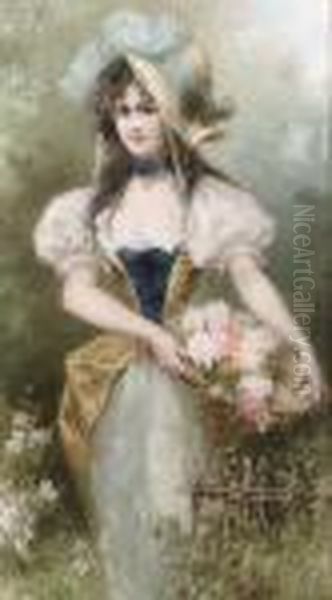 A Beauty With Roses In A Basket Oil Painting by Raimund, Ritter Von Wichera